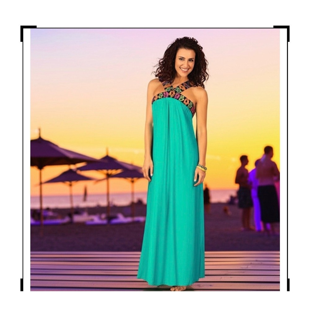 New York Co Teal Aztec Embroider Halter Boho Tropical Built In Bra Maxi Dress L